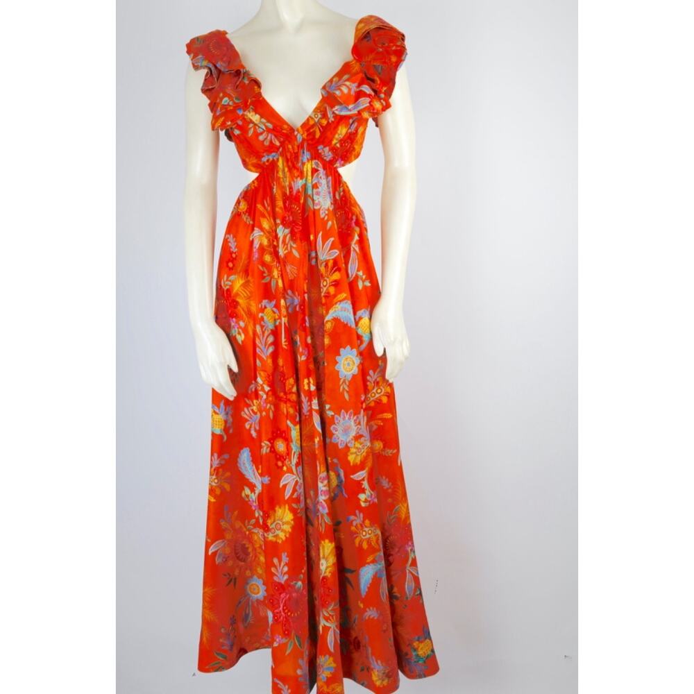 Zimmermann Orange Floral Ginger Frill Silk Midi Dress 1 Cut-Out Ruffle V-Neck